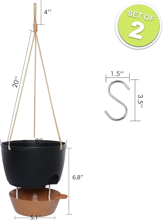 8 inch Hanging Planters, 2 Pack Self Watering Hanging Pots with 20oZ Deep Reservoir for Indoor Outdoor Plants Flowers, Black with Brown
