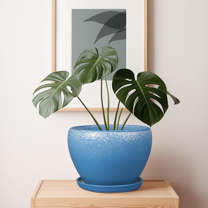 Ceramic Planter Pot 10 Inch - Ceramic Plant Pot for Indoor Outdoor Plants, Large Flower Pot with Drainage Hole and Saucer, Blue