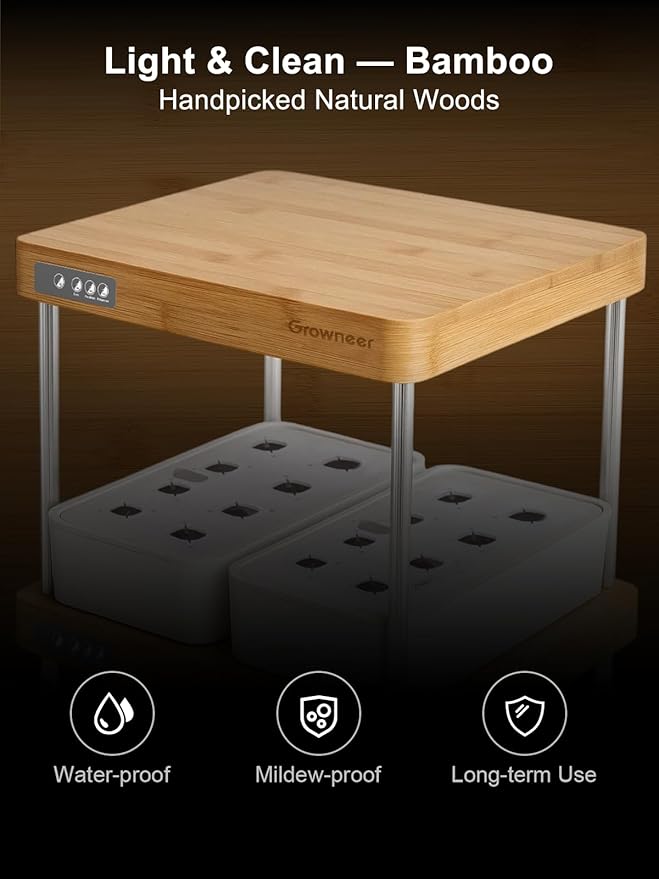 GROWNEER HydroEasy1.0 Hydroponics Growing System Kit, Beginner-Friendly Indoor Garden for Vegetable Fruit Herb, Bamboo Design, Perfect Gift Idea, Full-Spectrum LED Lights for Maximum Growth