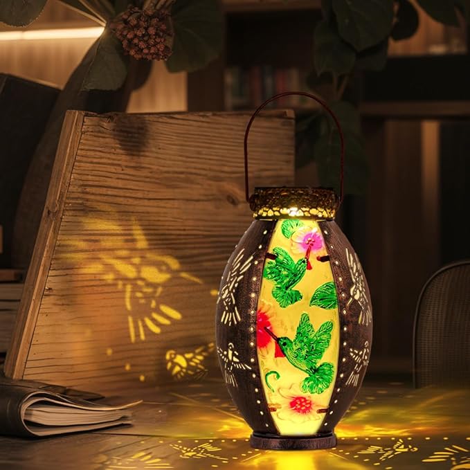 Starsoul Hummingbird Solar Lantern Stained Glass & Metal Outdoor Lantern Waterproof Hummingbird Hanging Metal Decorative Lights for Patio Table Garden Pathway Yard