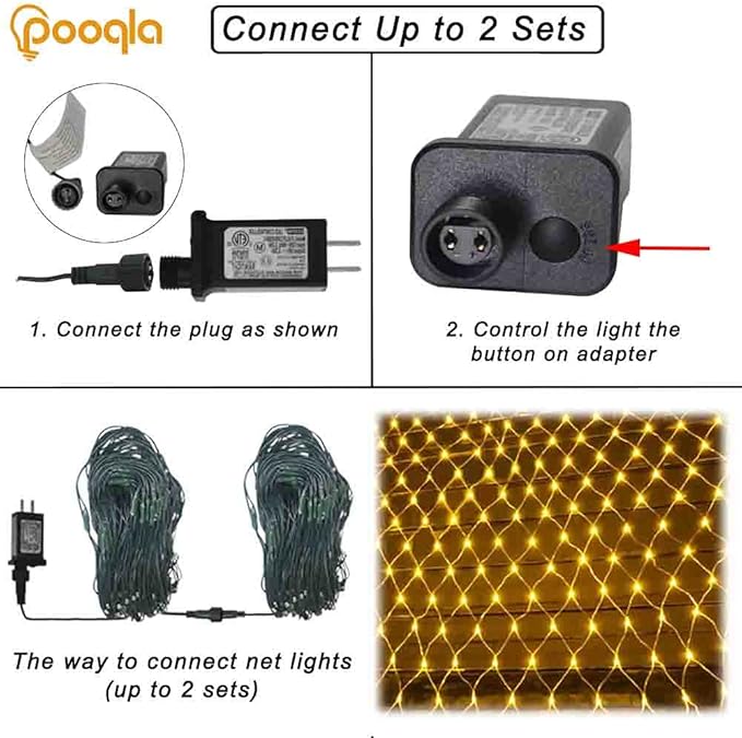 Pooqla Net Lights, 300LED Christmas Outdoor Mesh, 14.8x4.9 ft Fairy String 8 Modes Green Wire, Connectable Waterproof Decorative for Bushes Tree Garden Halloween, Warm White