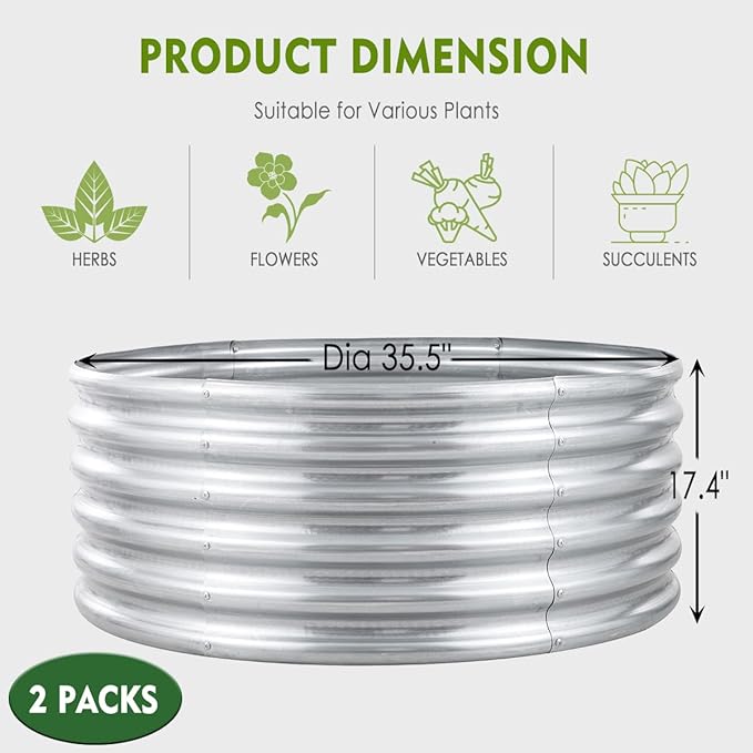 FORTUNO High Round Galvanized Raised Garden Bed Kit Box Dia 3 x H 1.5Ft (2 Pack) Metal Outdoor Flower Bed Steel Patio Ground Planter for Planting Vegetables and Herb, Silver