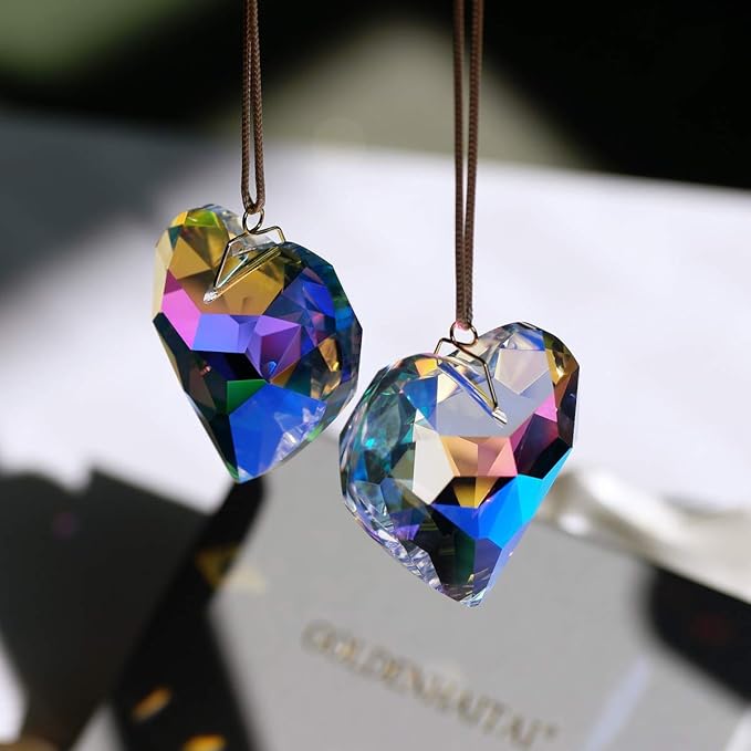 AB Color Heart Crystal Suncatcher, 2pc 45mm Hanging Prism for Windows, Outdoor Indoor Decoration, Rainbow Maker Gifts for Mom, Grandma, Friend