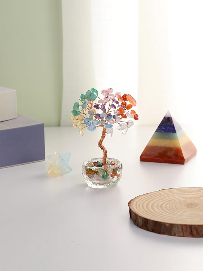 Jovivi Small 7 Chakra Crystals Tree, Natural Crystal Healing Stones Tree Glass Bowl Base Gemstone Money Trees Feng Shui Good Luck Home Desk Decor