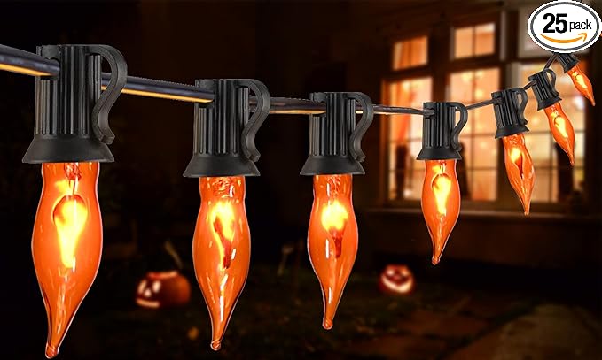 27.8Ft Halloween Decorations Flickering Flame String Lights with 27 Pack Orange Clear Flame Light Bulbs (4 Spare E12 Bulbs), Orange Christmas Lights Outdoor for Home Party Christmas Halloween Decor