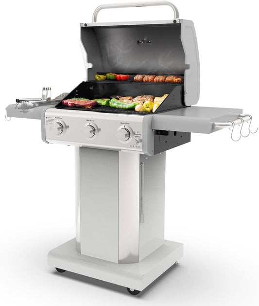 Kenmore 3-Burner Outdoor BBQ Grill | Liquid Propane Barbecue Gas Grill with Folding Sides, PG-A4030400LD-PE, Pedestal Grill with Wheels, 30000 BTU, Pearl White