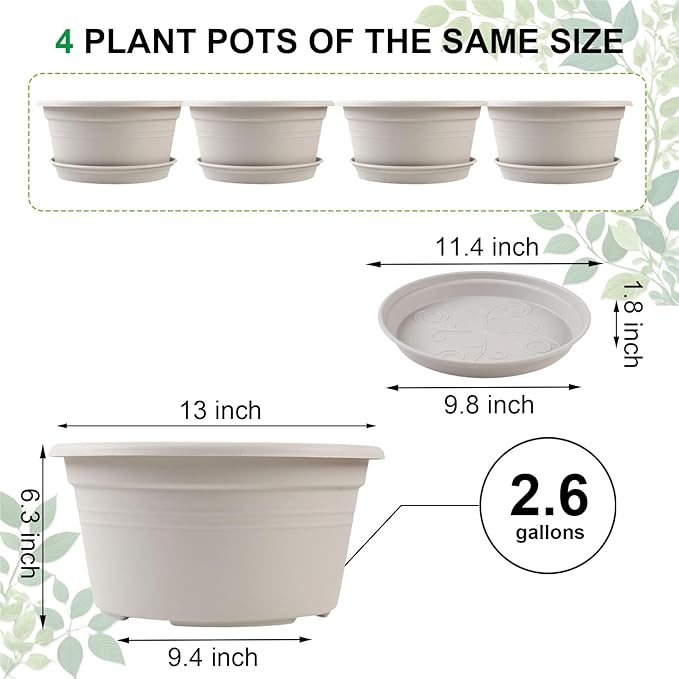 Large 4 Pack13 inch Plant Pots, Round Plastic Pots for Plants, Outdoor Planters with Drainage Hole & Tray Saucer, Decoration Large Flower Pots for Indoor Outdoor Garden Home Plants (White)