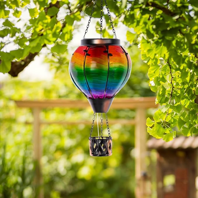 Starsoul 2 PC Solar Hot Air Balloon Lantern with Flame Multi-Color Hot Air Balloon Lantern with Candle Holder Metal & Glass Hanging Garden Light Waterproof Outdoor Lantern Decor
