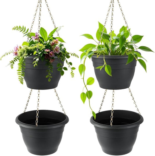 Hanging Planters 10 Inch, 4 Pcs Flower Pots with Drainage Hole, Self Watering Hanging Basket for Indoor Outdoor Plants, Decor, Gray