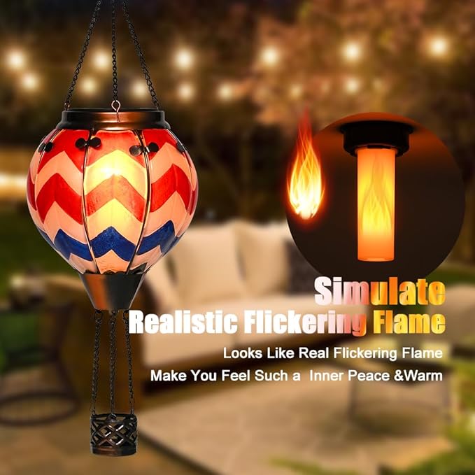 U.S Flag Hot Air Balloon Solar Lantern - Simulated Flickering Flame Stained Glass Light for Outdoor, Yard Hanging/ Waterproof IP65, Ideal 4th of July Gift for Patriot Veterans Patio Decor
