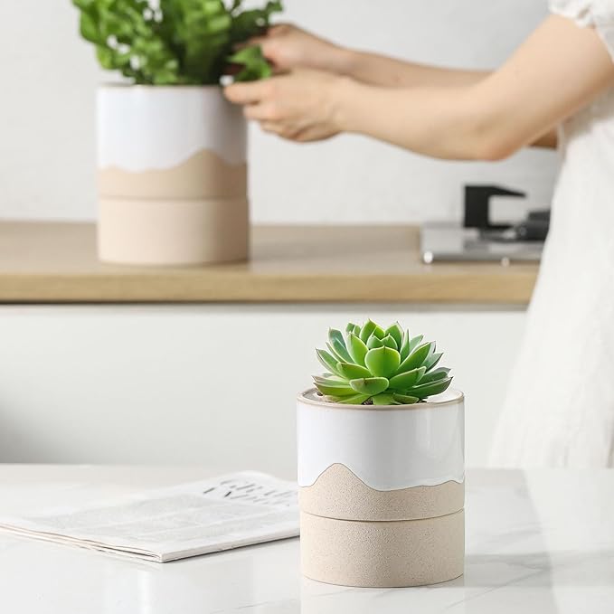 Nihow Self Watering Plant Pot: 4.5 Inch Ceramic Planter with Drainage Hole & Water Storage Plus for Indoor & Outdoor Plants - Cylinder Flower Pot for Herbs/Violets - White & Nature