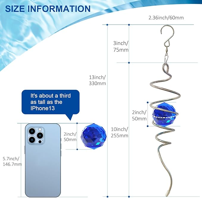 Gazing Ball Spiral Tail Wind Spinner with Sea Blue Crystal Orb, Wind Spinners Stabilizer with Hanging Swivel Hook, Sun Catcher Rainbow Maker Indoor & Outdoor Decoration Garden Gift 13" Height