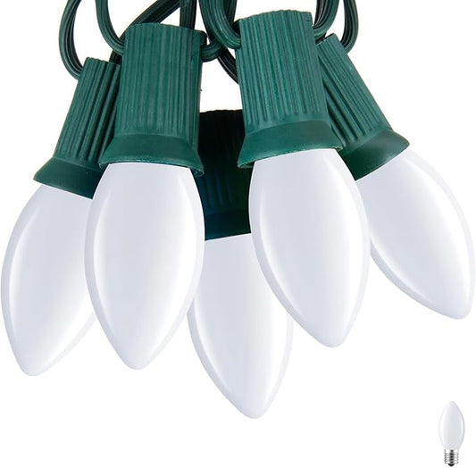 Brightown C7 Pure White LED Christmas Lights, 25Ft Vintage String Lights with 25+1 Plastic Bulbs, E12 Candelabra Base, Outdoor Retro Style Hanging Lights for Xmas Patio Fence Roofline Holiday