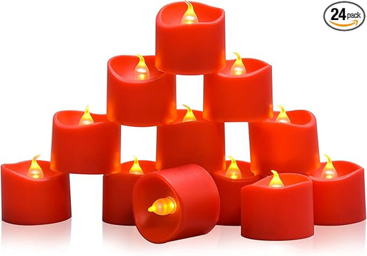 JOSU 24PCS Tea Lights Flameless Candles, Realistic Votive Tealight, Battery Operated Candles with Warm Light for Confession Propose Marriage Wedding Halloween Christmas Home Dinner Party Decor (Red)