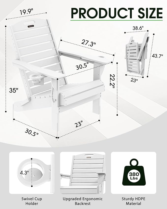 Adirondack Chairs Set of 2, Outdoor Fire Pit Chairs, HDPE All-Weather Adirondack Chairs with Cup Holder, Lawn Chair for Deck, Patio, Garden (White)