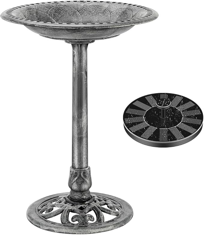 VIVOHOME Polyresin Antique Outdoor Gray Garden Bird Bath and Solar Powered Round Pond Fountain Combo Set