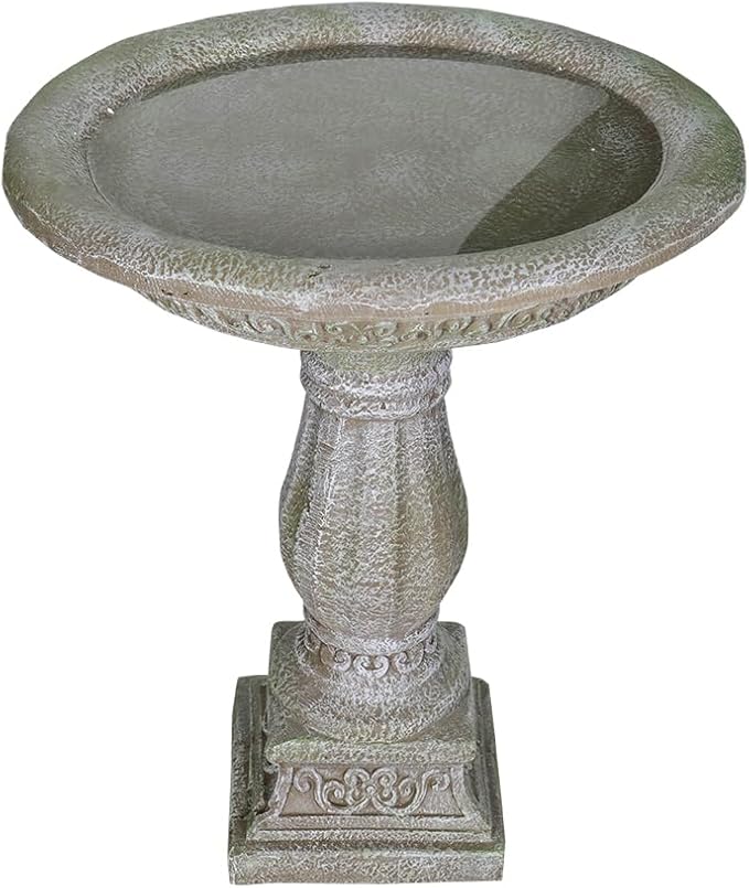 SunJet 23.8 Inch High Concrete Bird Bath with Carved Pedestal – Birdbath Sturdy & Elegant Design, Stone-Like Texture, Attracts Birds and Enhances Garden, Patio, Yard, Lawn Decor