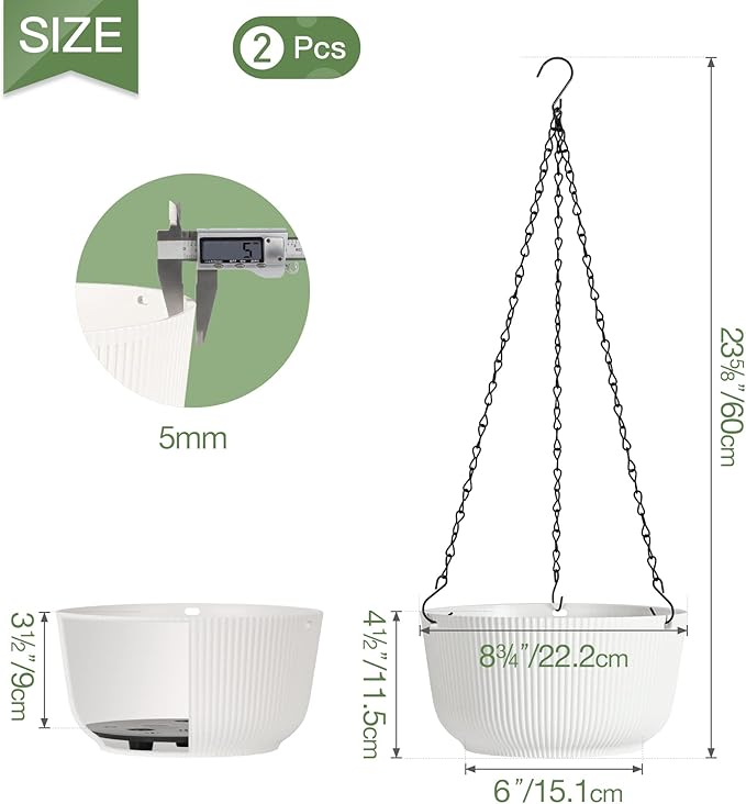 T4U Hanging Planter Self Watering 8 Inch, 2 Pack White Indoor Outdoor Hanging Plant pots, Hanging Flower Pot with Drainage Hole & Plug & Chain with 3 Hooks for Garden Home Decor