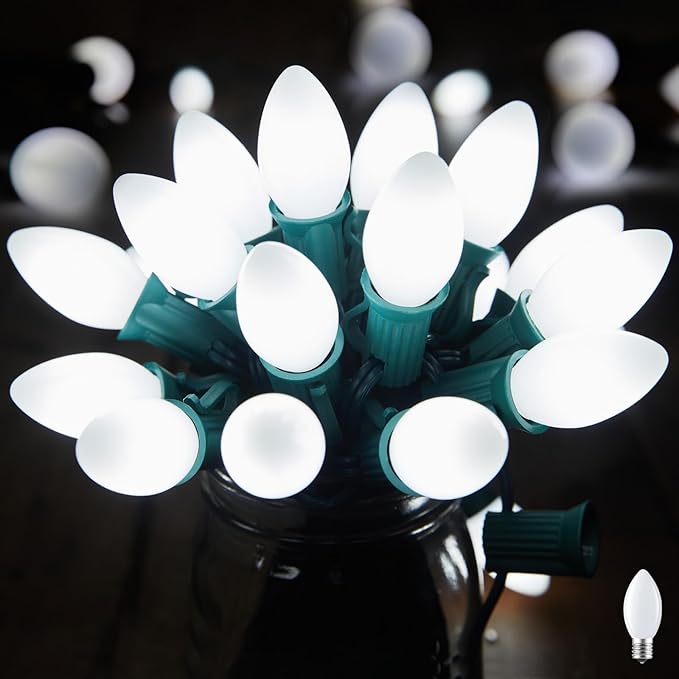 Brightown C7 Pure White LED Christmas Lights, 25Ft Vintage String Lights with 25+1 Plastic Bulbs, E12 Candelabra Base, Outdoor Retro Style Hanging Lights for Xmas Patio Fence Roofline Holiday