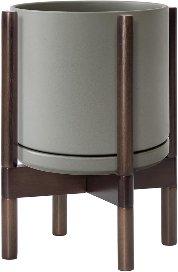D'vine Dev Ceramic Planter with Walnut Color Stand - 10 Inch Modern Round Flower Pot with Wood Planter Holder, Grey, 55-B-X-3
