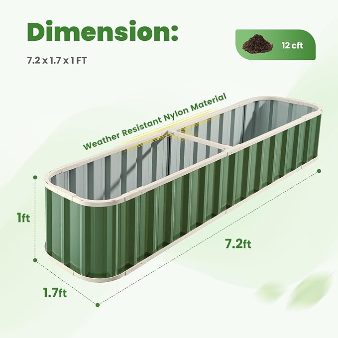 KING BIRD Raised Garden Bed Quick-Install Galvanized Planter Garden Box Outdoor for Gardening, Vegetables, Flowers 7.2x1.7x1 Ft, Green