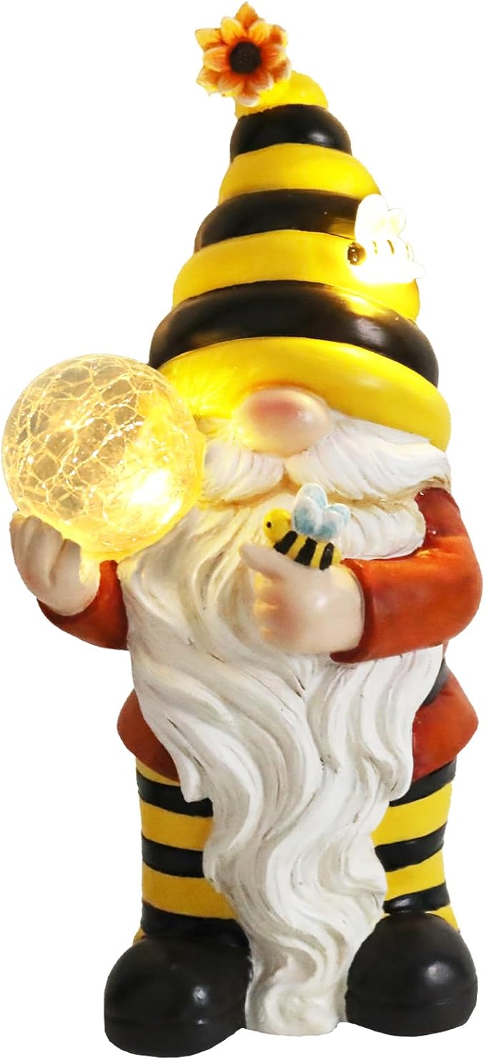 Solar Garden Gnome Statue, Resin Bee Gnome Figurine with Flower and Crackle Glass Globe Lights for Outdoor Decor, Porch Patio Yard Decorations, Garden Gifts for Mom