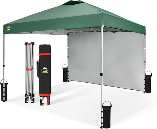 CROWN SHADES 10x10 Pop Up Canopy with 1 Side Wall - Beach Tent with One Push Setup - Outdoor Sun Shade for Events, Parties, Camping - Gazebo with STO-N-Go Cover Bag (Forest Green)