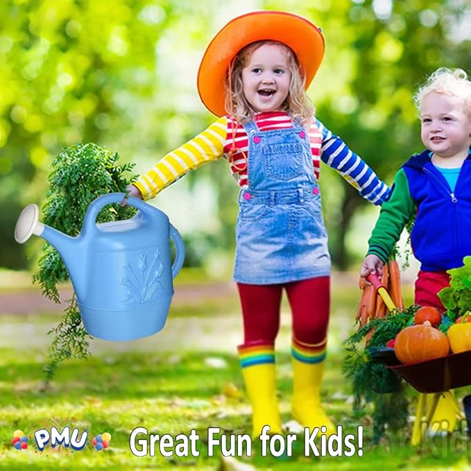 PMU 2 Gallon Watering Can - Garden Watering Can for Indoor & Outdoor Plants - Plastic Water Can with Detachable Sprinkler Head - Large Water Pot, Made in USA - Blue Pkg/3