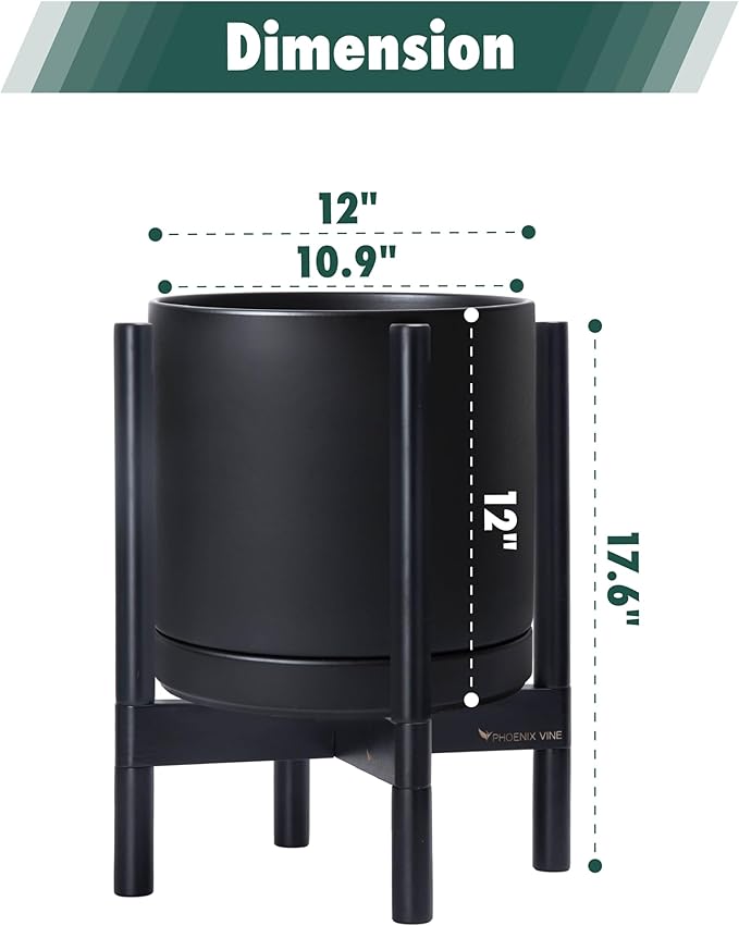 D'vine Dev Ceramic Planter with Ebony Stand - 12 Inch Modern Round Flower Pot with Wood Planter Holder, Black, 55-B-H-2