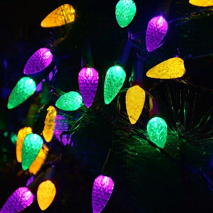 Solar Mardi Gras Lights - Yellow Green Purple Decor, 50 LEDs 8 Modes Waterproof Outdoor C6 Strawberry Garden for Camping, Holiday, Arbor, Fence, Balcony Decorations