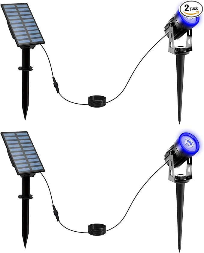 T-SUNUS 2 Pack Solar Landscape Spotlights Blue, Solar Garden Spot Light IP65 Waterproof 9.8ft Cable, 2000mAh Separated Solar Panel, Auto On/Off for Garden Driveway Pathway Pool Area