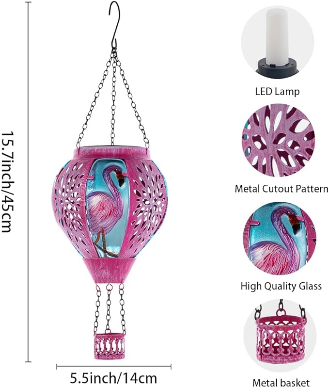 Starsoul Pink Hot Air Balloon Solar Lantern Flamingo Metal & Glass Solar Hot Air Balloon Hanging Garden Light Waterproof Outdoor Lantern for Patio Yard Party Decor