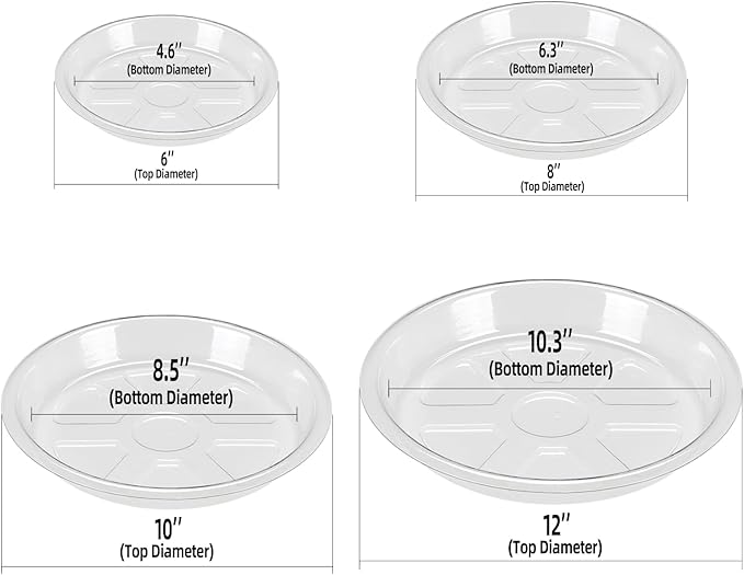 BORPEIN Plant Saucer (6,8,10,12inch, 24 Pack) Clear Plastic Plant Trays for Pots Indoors Outdoors, Thicker Flower Pot Saucers, Plant Plate to Catch Water