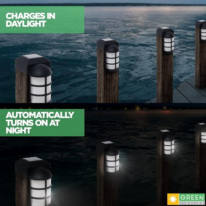 GreenLighting Marina Solar Post Cap Lights Fits 4x4 Nominal Wood Outdoor Solar Powered Post Cap Light, Fence Post, Landscaping, Deck, Garden- Bright LED, Waterproof Nautical Lighting Black 8 Pack