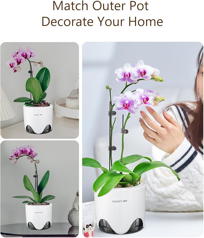 5 inch Orchid Pots with Holes for Repotting with Excellent Airflow, Set of 1, Double Layer Plastic Imitate Ceramic Orchid Planter, Clear Orchid Pot Match Decorative Orchid Container
