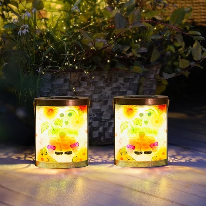 Starsoul 2 Pack Hanging Solar Lantern Outdoor Waterproof Glass Gnome and Sunflowers Decorative Solar Lights for Outside Garden Yard Table Patio Decor
