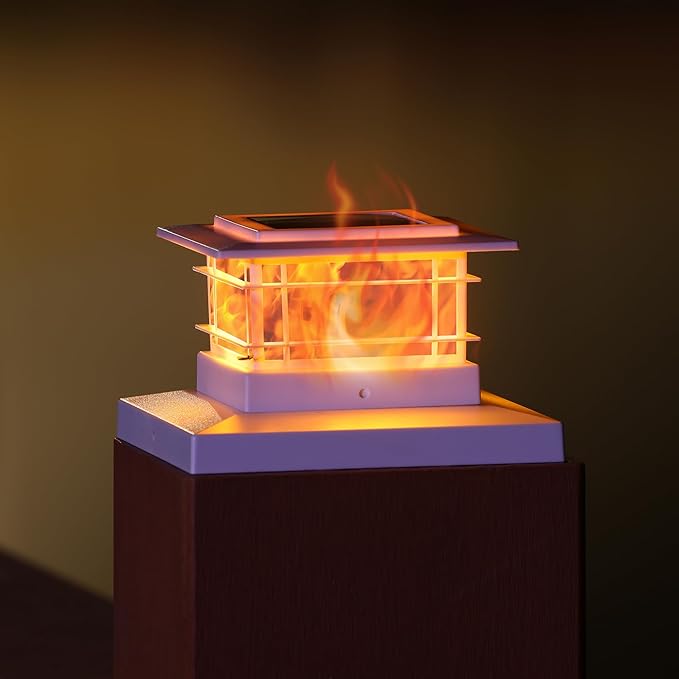 Dynaming 6 Pack Solar Flame Post Lights Outdoor, Solar Powered Fence Post White Shell Cap Light, High Brightness Flickering Flame LED LiVinyl/Wooden Postseck Patio, Fit 4x4 5x5 6x6 Vinyl/Wooden Posts