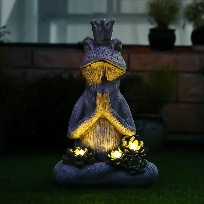 Large Garden Statue Yoga Frog Sustainable Eco-Friendly Solar Lights with LED Sustainability Sculpture Courtyard Balcony Home Decoration（20" Tall