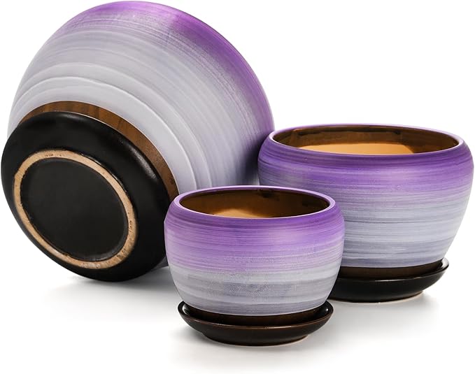 SOUJOY Set of 3 Ceramic Flower Pots, Gardening Plant Pot with Drainage Holes and Saucer, 7/5/4 inch Purple Round Succulent Herbs Cactus Planter for Indoor Outdoor