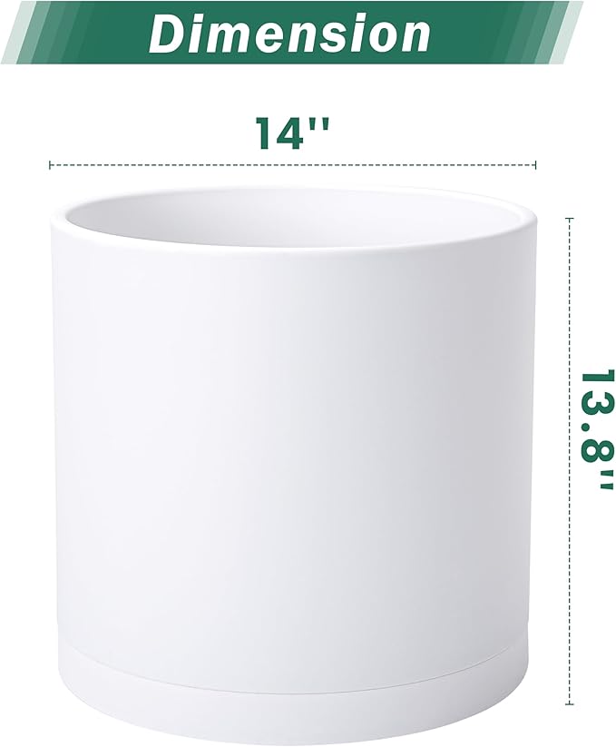 D'vine Dev 2 Pack 14 Inch Modern Plastic Plant Pots, Small Garden Planters for Plant with Drainage Holes and Saucers, White Color, 74-Z-Q-1