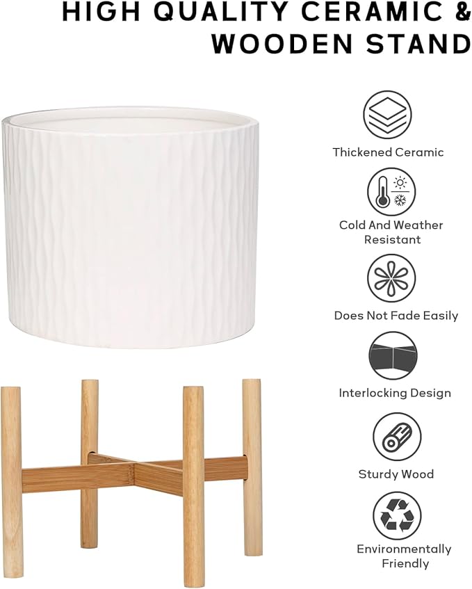 LaDoVita Ceramic Plant Pot with Stand, 10 Inch Planter with Wood Shelf, Modern Round Flower Pots Indoor with Wood Planter Holder, White Water Ripple Pattern