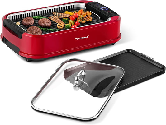 Techwood Smokeless Grill 1500W indoor Grill with Tempered Glass Lid, Compact & Portable Non-stick BBQ Grill, Turbo Smoke Extractor Technology, Drip Tray& Removable Plate