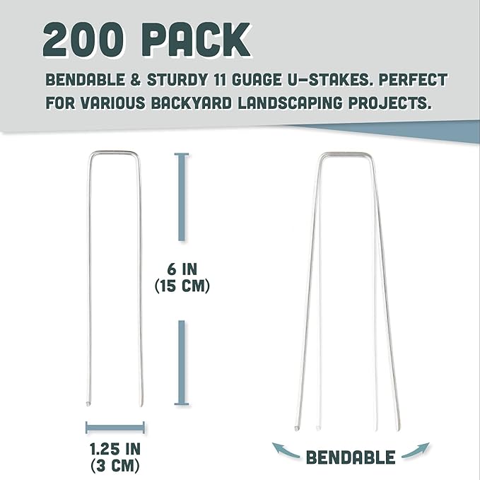 Squirrel Products U Shape Garden Stakes Metal, 6 Inch Landscaping Staples, 11 Gauge Stakes for Landscaping Fabric, 2.9mm 15x2.5x15cm – 200 Pack