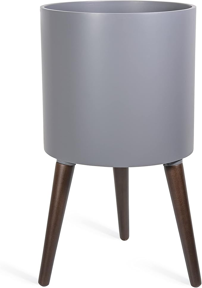 D'vine Dev 12 Inch Planter Pot with Stand, Mid-Century Tall Plant Pot with Legs for Indoor Plants, Large, Grey, 88-O-C-3