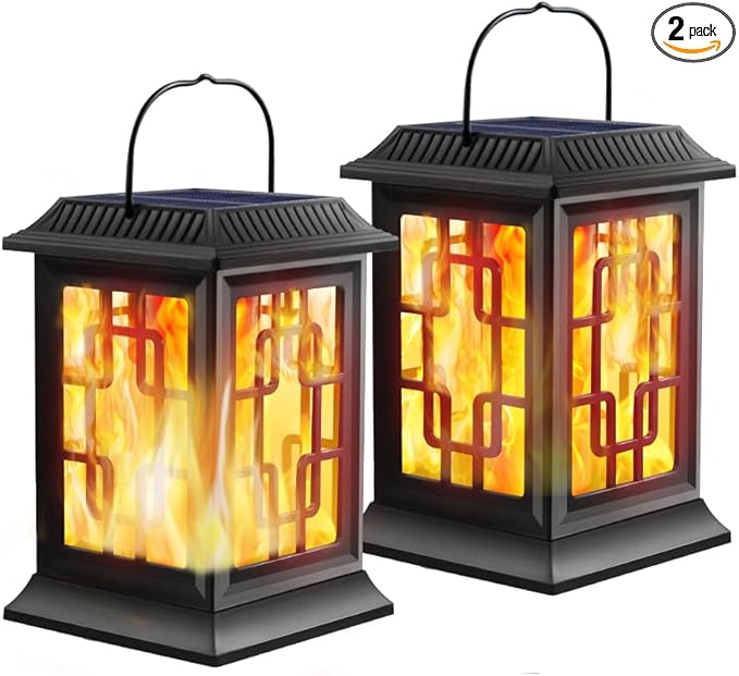 Solar Lanterns - Outdoor Hanging Solar Lights with Flickering Flame, Decorative Garden Lanterns, Waterproof LED Lights for Garden, Patio, Pathway, Yard - 2 Pack