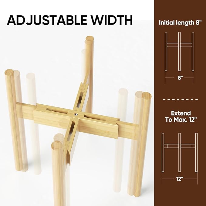 MUDEELA 2 Pack Adjustable Plant Stand Indoor, Bamboo Plant Stand 8 to 12 Inches, Single Floor Plant Stand for Indoor Plants, Natural Planter Stand for Indoor Plants, Pot Plant Not Included