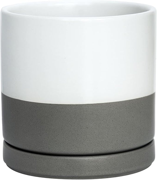 D'vine Dev 6 Inch Ceramic Planter Pot with Drainage Hole and Saucer, Indoor Cylinder Round Flower Pot, White/Speckled Grey, 94-O-C-6