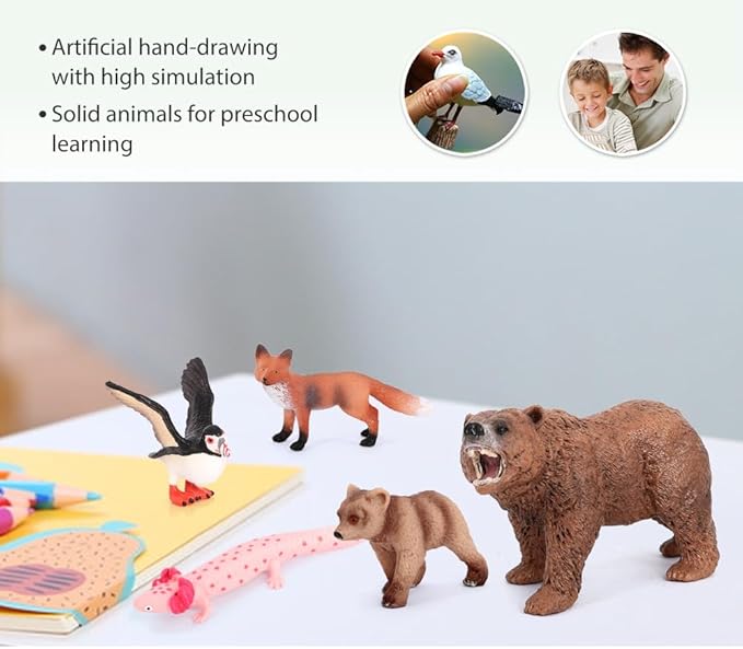 Volnau Safari Animal Figurines Toys 12PCS North America Figures Zoo Pack for Toddlers Kids Christmas Decoration Gift Preschool Educational Bald Eagle Bear Salmon Salamander Jungle Forest Cake Topper