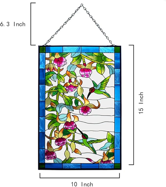 VEWOGARDEN Hummingbird Stained Glass Window Hangings, Bird Suncatcher Panel with Metal Chain for Windows Decor Indoor Outdoor (W10xH15 inch)