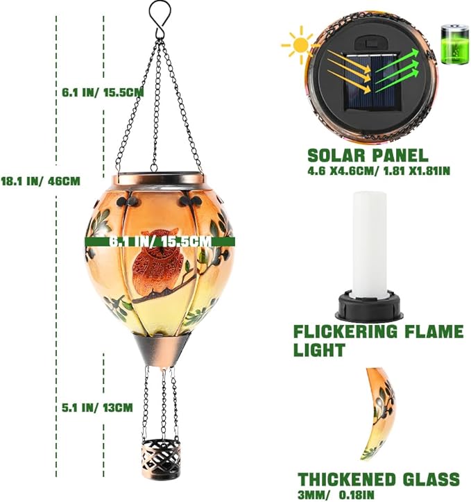 Hot Air Balloon Solar Lantern - Owl Bird Stained Glass Lantern with Simulated Flickering Flame, Outdoor Hanging Yard Light Waterproof IP65 & Weather Resistant for Patio Lawn Porch Decor Gfit